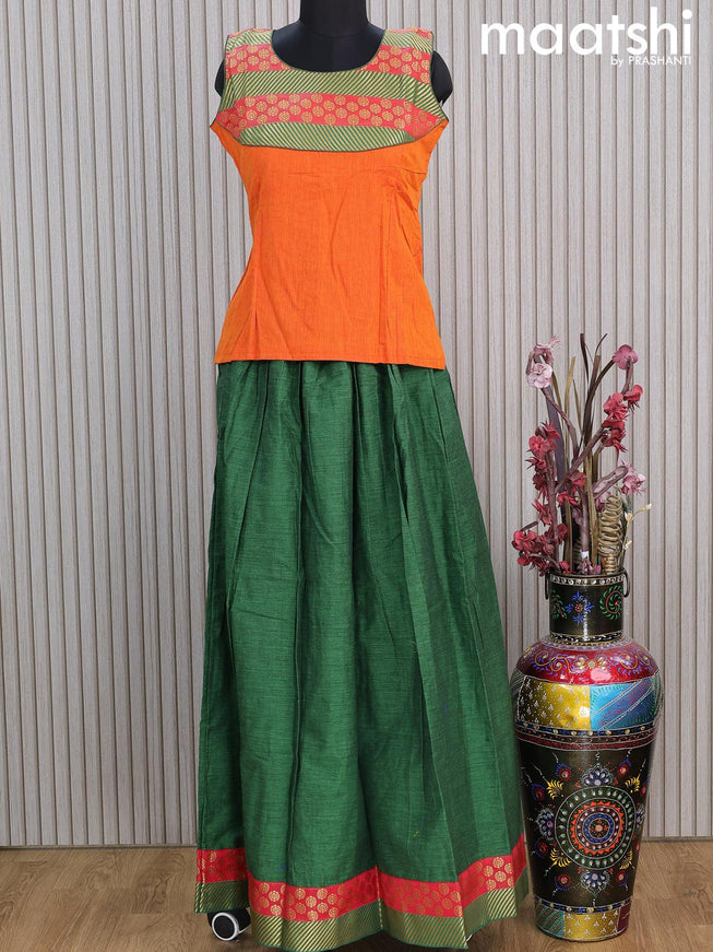 Mangalgiri cotton kids lehenga orange and green with patch work neck pattern and zari woven border Sleeve attached - {{ collection.title }} by Prashanti Sarees