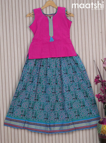 Mangalgiri cotton kids lehenga pink and teal bluish green with patch work neck pattern and warli prints & woven border Sleeve attached - {{ collection.title }} by Prashanti Sarees