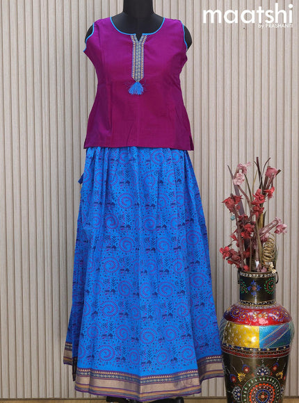 Mangalgiri cotton kids lehenga purple and cs blue with patch work neck pattern and warli prints & woven border Sleeve attached - {{ collection.title }} by Prashanti Sarees