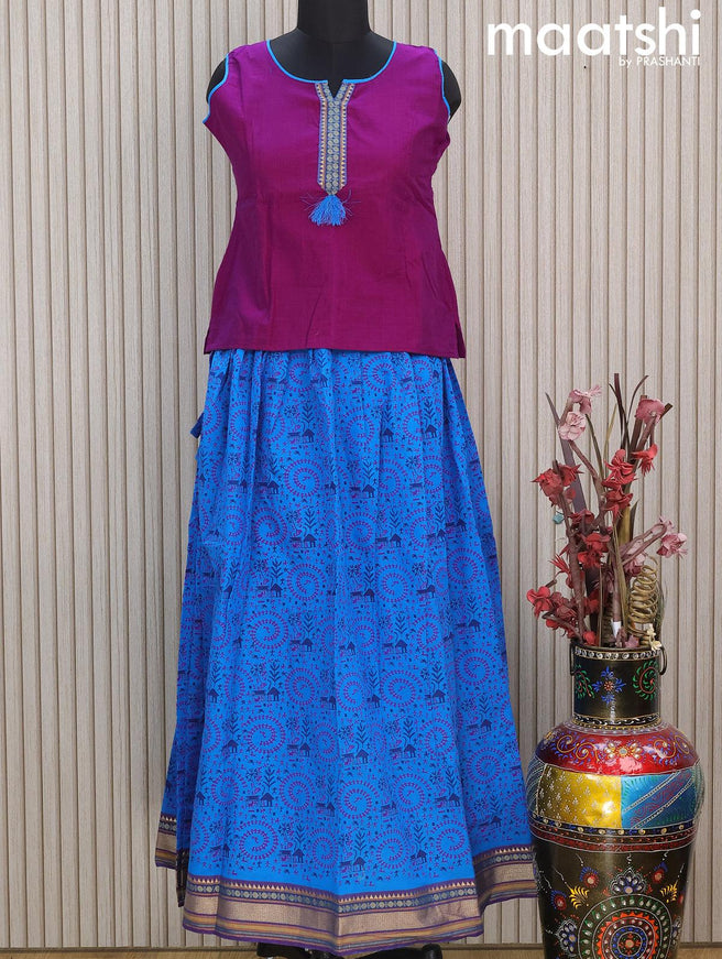 Mangalgiri cotton kids lehenga purple and cs blue with patch work neck pattern and warli prints & woven border Sleeve attached - {{ collection.title }} by Prashanti Sarees