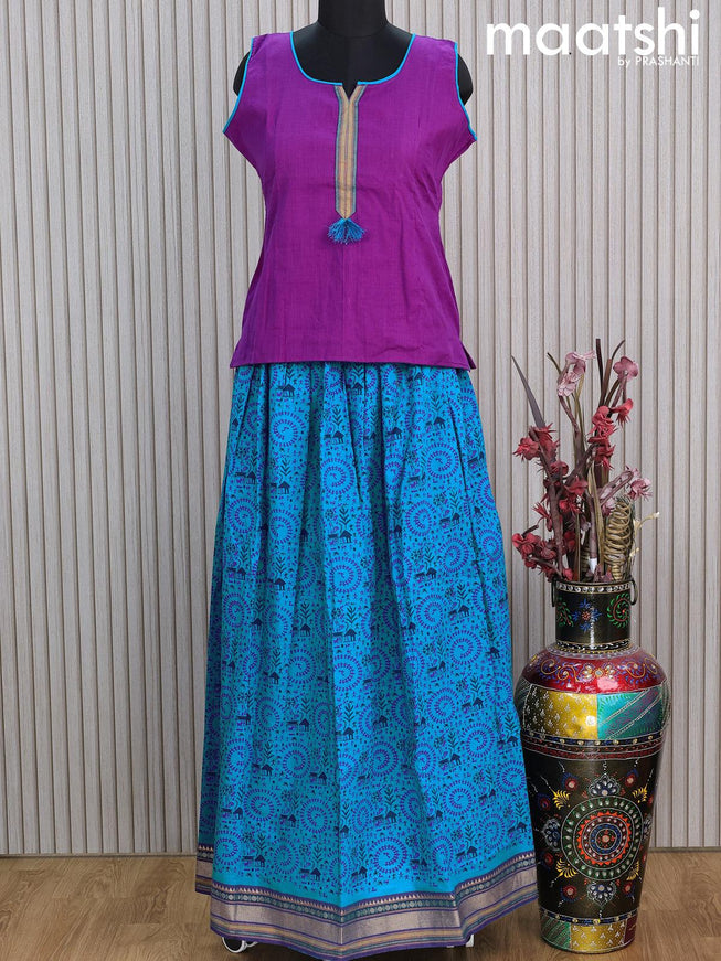 Mangalgiri cotton kids lehenga purple and cs blue with patch work neck pattern and warli prints & woven border Sleeve attached - {{ collection.title }} by Prashanti Sarees