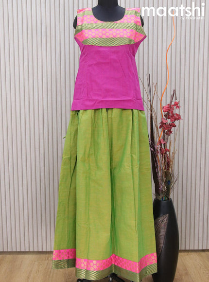 Mangalgiri cotton kids lehenga purple and light green with patch work neck pattern and zari woven border Sleeve attached - {{ collection.title }} by Prashanti Sarees