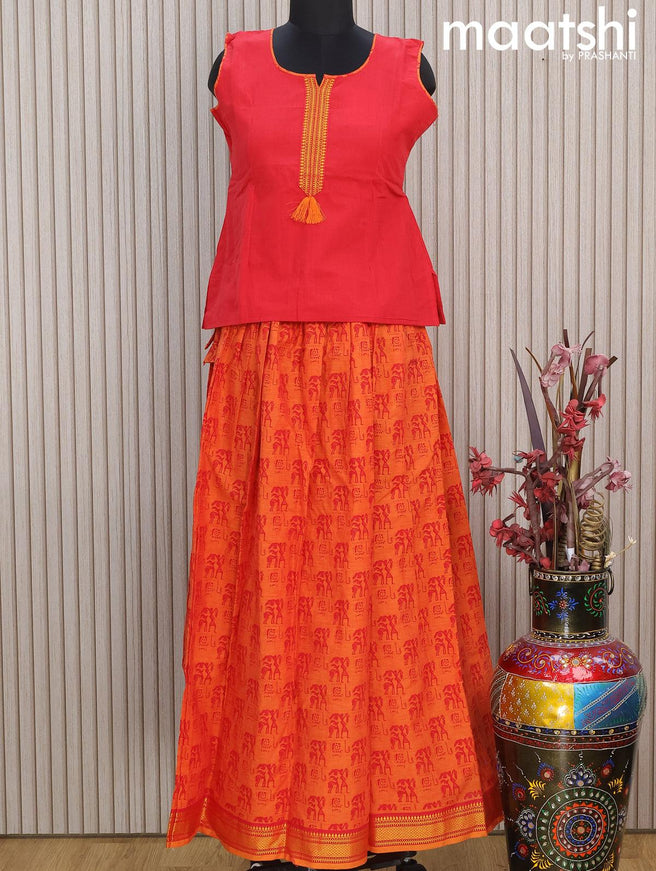 Mangalgiri cotton kids lehenga red and sunset orange with patch work neck pattern and warli prints & woven border Sleeve attached - {{ collection.title }} by Prashanti Sarees