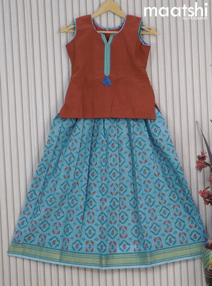 Mangalgiri cotton kids lehenga rust shade and light blue with patch work neck pattern and ikat butta prints & woven border Sleeve attached - {{ collection.title }} by Prashanti Sarees