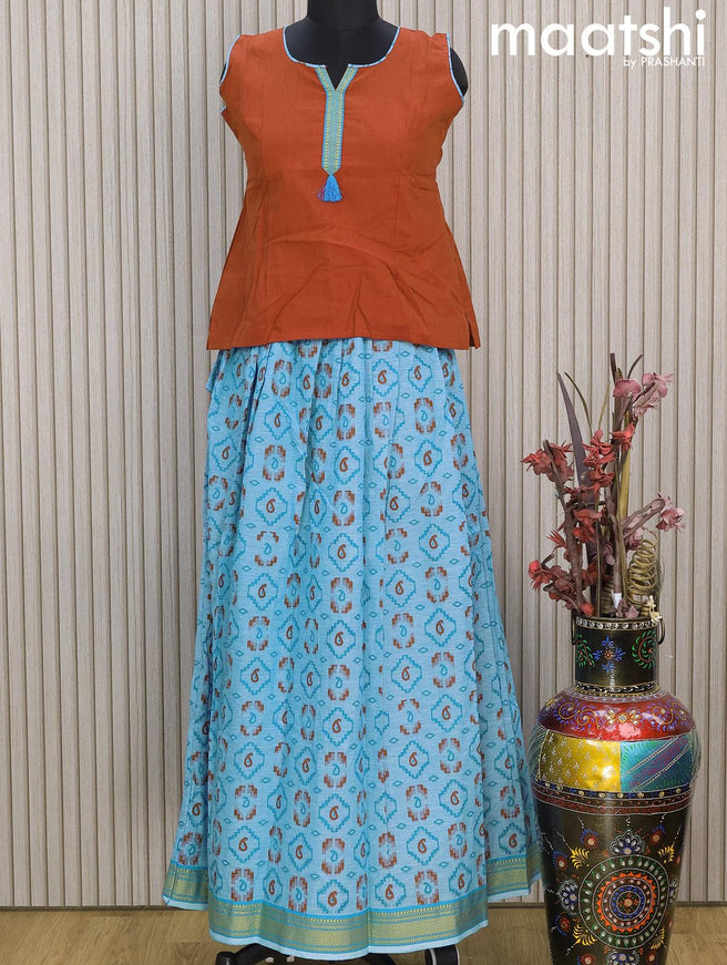 Mangalgiri cotton kids lehenga rust shade and light blue with patch work neck pattern and ikat prints & woven border Sleeve attached - {{ collection.title }} by Prashanti Sarees