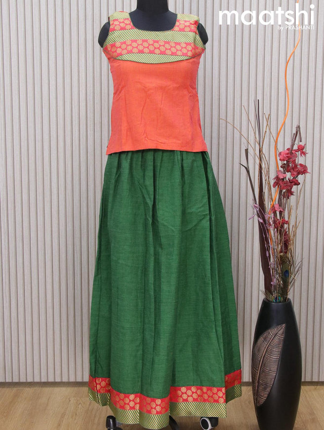 Mangalgiri cotton kids lehenga sunset orange and green with patch work neck pattern and zari woven border Sleeve attached - {{ collection.title }} by Prashanti Sarees