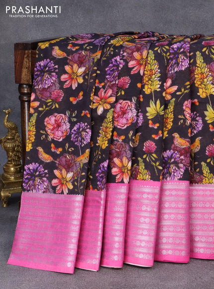 Mangalgiri silk cotton saree deep jamun shade and pink with allover floral prints and silver zari woven border - {{ collection.title }} by Prashanti Sarees