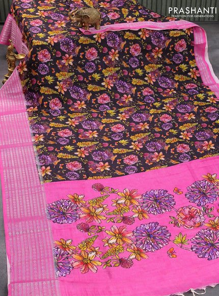 Mangalgiri silk cotton saree deep jamun shade and pink with allover floral prints and silver zari woven border - {{ collection.title }} by Prashanti Sarees