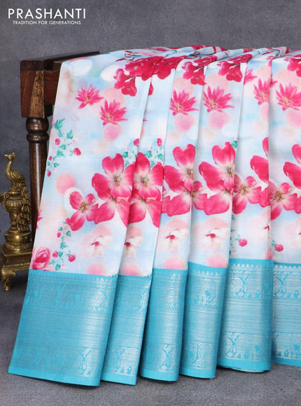 Mangalgiri silk cotton saree light blue shade with allover floral prints and annam & elephant design silver zari woven border - {{ collection.title }} by Prashanti Sarees