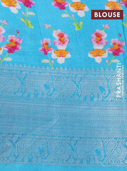 Mangalgiri silk cotton saree light blue shade with allover floral prints and annam & elephant design silver zari woven border - {{ collection.title }} by Prashanti Sarees