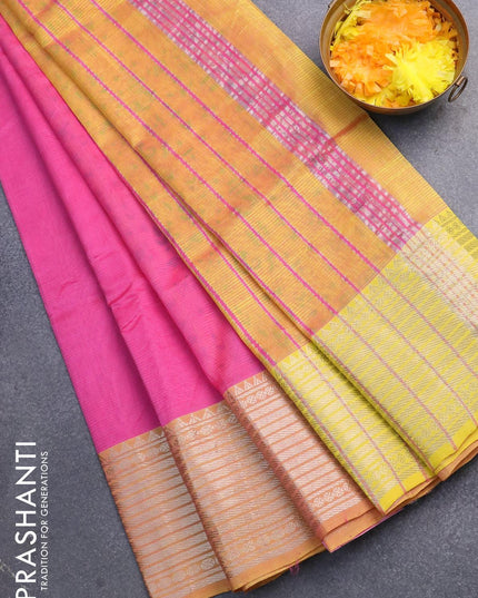 Mangalgiri silk cotton saree light pink and dual shade of yellow with hand block printed blouse and zari woven border - {{ collection.title }} by Prashanti Sarees