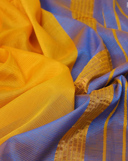 Mangalgiri silk cotton saree mango yellow and cs blue with hand block printed blouse and zari woven border - {{ collection.title }} by Prashanti Sarees