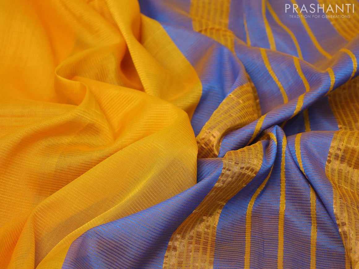 Mangalgiri silk cotton saree mango yellow and cs blue with hand block printed blouse and zari woven border - {{ collection.title }} by Prashanti Sarees