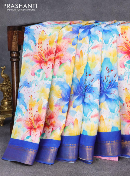 Mangalgiri silk cotton saree off white and blue with allover floral prints and zari woven border - {{ collection.title }} by Prashanti Sarees