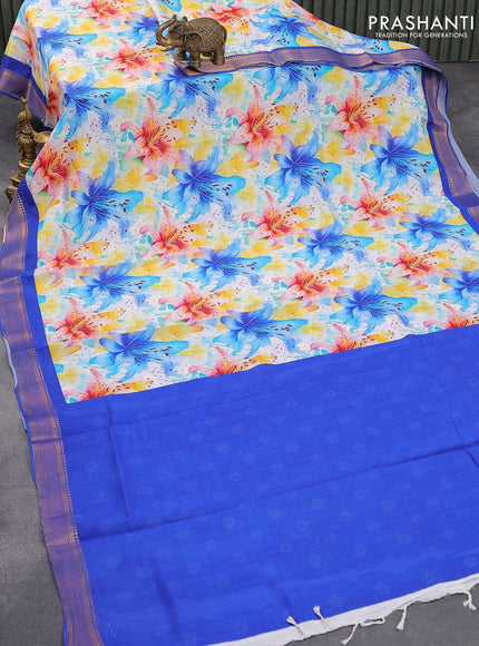 Mangalgiri silk cotton saree off white and blue with allover floral prints and zari woven border - {{ collection.title }} by Prashanti Sarees