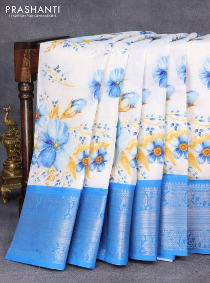 Mangalgiri silk cotton saree off white and cs blue with allover floral prints and annam & elephant design silver zari woven border - {{ collection.title }} by Prashanti Sarees