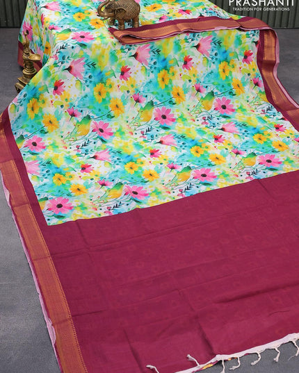 Mangalgiri silk cotton saree off white and dark magenta pink with allover floral prints and zari woven border - {{ collection.title }} by Prashanti Sarees