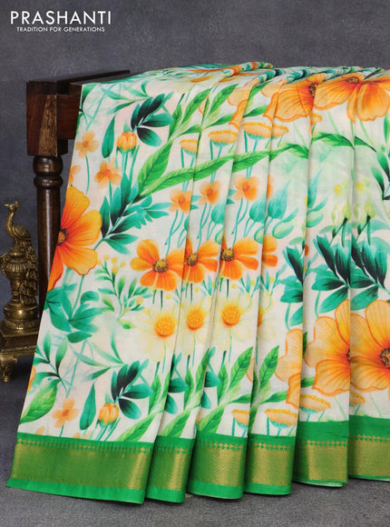 Mangalgiri silk cotton saree off white and green with allover floral prints and zari woven border - {{ collection.title }} by Prashanti Sarees