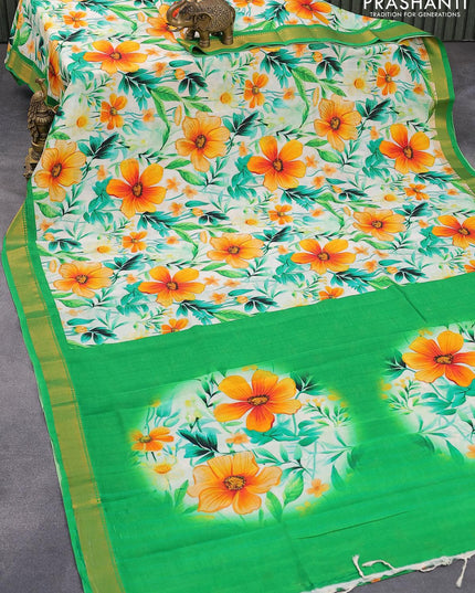 Mangalgiri silk cotton saree off white and green with allover floral prints and zari woven border - {{ collection.title }} by Prashanti Sarees