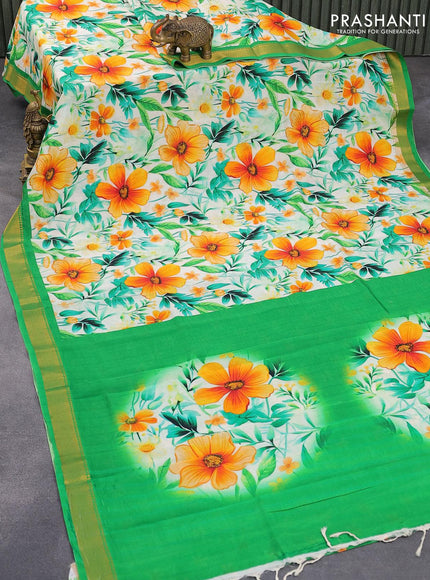 Mangalgiri silk cotton saree off white and green with allover floral prints and zari woven border - {{ collection.title }} by Prashanti Sarees