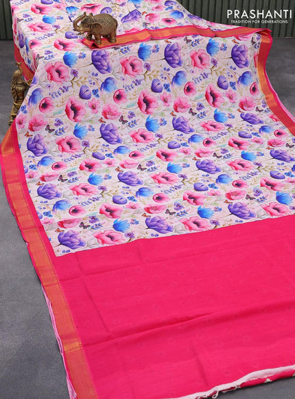 Mangalgiri silk cotton saree off white and pink with allover floral prints and zari woven border - {{ collection.title }} by Prashanti Sarees