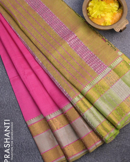 Mangalgiri silk cotton saree pink and green with hand block printed blouse and peacock zari woven border - {{ collection.title }} by Prashanti Sarees
