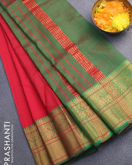Mangalgiri silk cotton saree red and green with hand block printed blouse and annam zari woven border - {{ collection.title }} by Prashanti Sarees