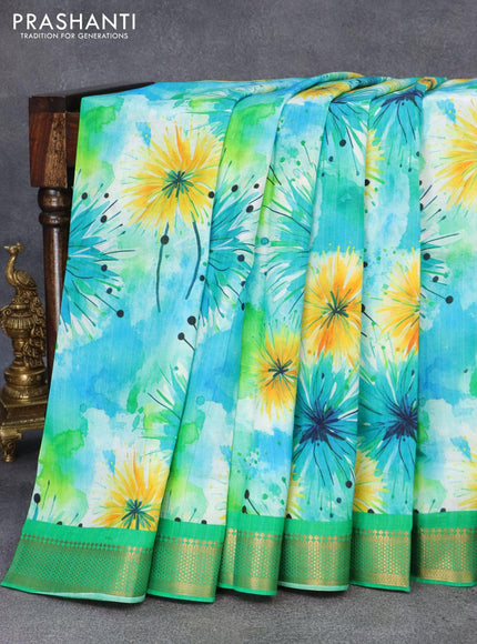 Mangalgiri silk cotton saree teal blue and green with allover floral prints and zari woven border - {{ collection.title }} by Prashanti Sarees