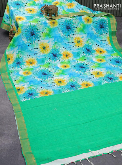 Mangalgiri silk cotton saree teal blue and green with allover floral prints and zari woven border - {{ collection.title }} by Prashanti Sarees