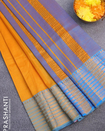 Mangalgiri silk cotton saree yellow and cs blue with hand block printed blouse and zari woven border - {{ collection.title }} by Prashanti Sarees
