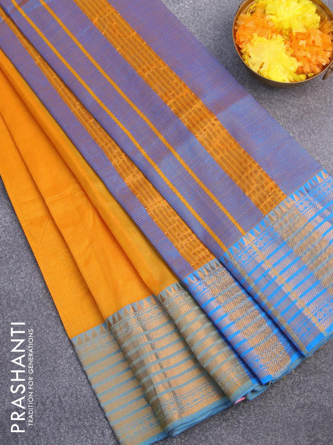 Mangalgiri silk cotton saree yellow and cs blue with hand block printed blouse and zari woven border - {{ collection.title }} by Prashanti Sarees