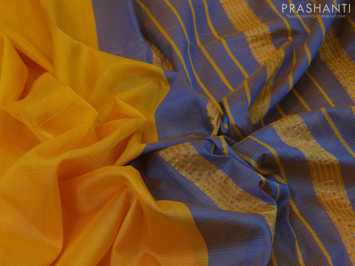 Mangalgiri silk cotton saree yellow and light blue with hand block printed blouse and elephant silver zari woven border - {{ collection.title }} by Prashanti Sarees