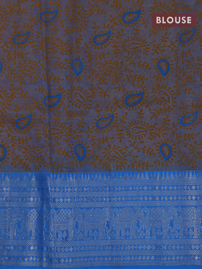 Mangalgiri silk cotton saree yellow and light blue with hand block printed blouse and elephant silver zari woven border - {{ collection.title }} by Prashanti Sarees