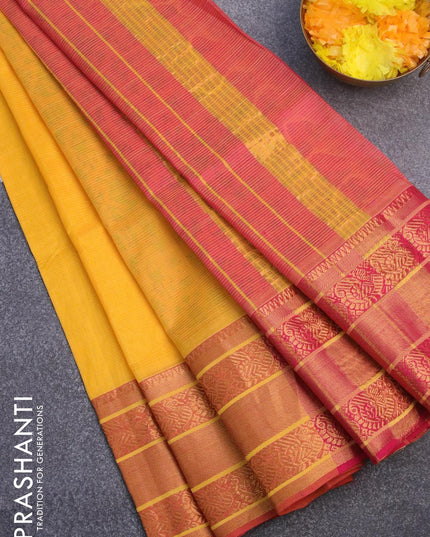 Mangalgiri silk cotton saree yellow and pink with hand block printed blouse and annam zari woven border - {{ collection.title }} by Prashanti Sarees