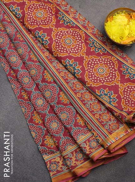 Mul cotton saree maroon with allover prints and small zari woven border - {{ collection.title }} by Prashanti Sarees