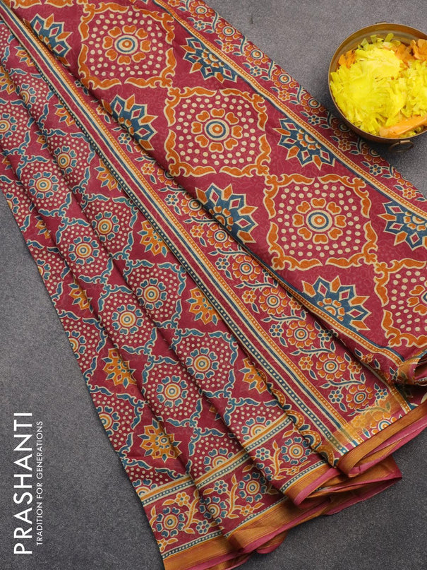 Mul cotton saree maroon with allover prints and small zari woven border - {{ collection.title }} by Prashanti Sarees