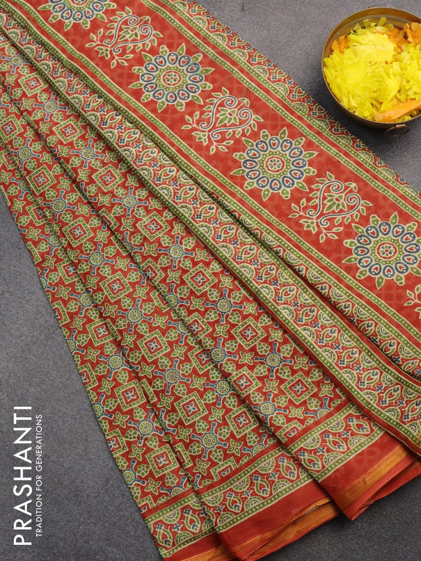 Mul cotton saree mustard yellow with allover prints and small zari woven border - {{ collection.title }} by Prashanti Sarees