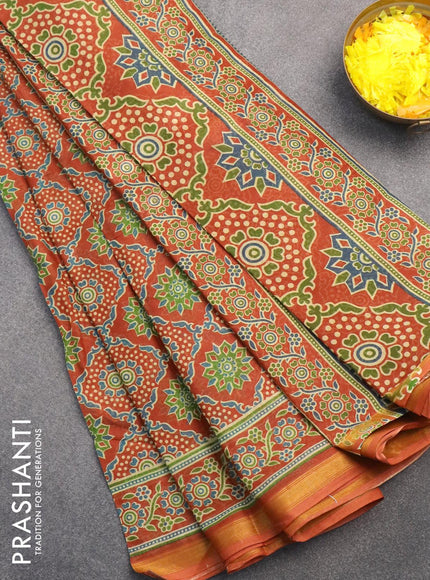 Mul cotton saree rust shade with allover prints and small zari woven border - {{ collection.title }} by Prashanti Sarees