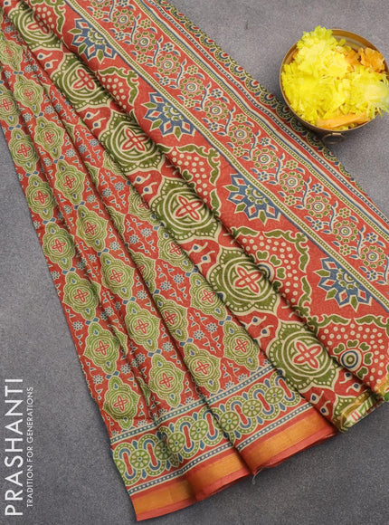 Mul cotton saree rust shade with allover prints and small zari woven border - {{ collection.title }} by Prashanti Sarees