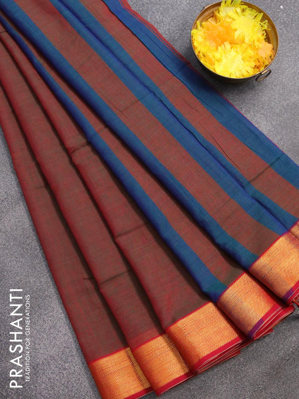 Narayanpet cotton saree dual shade of greenish maroon and red with plain body and zari woven border - {{ collection.title }} by Prashanti Sarees