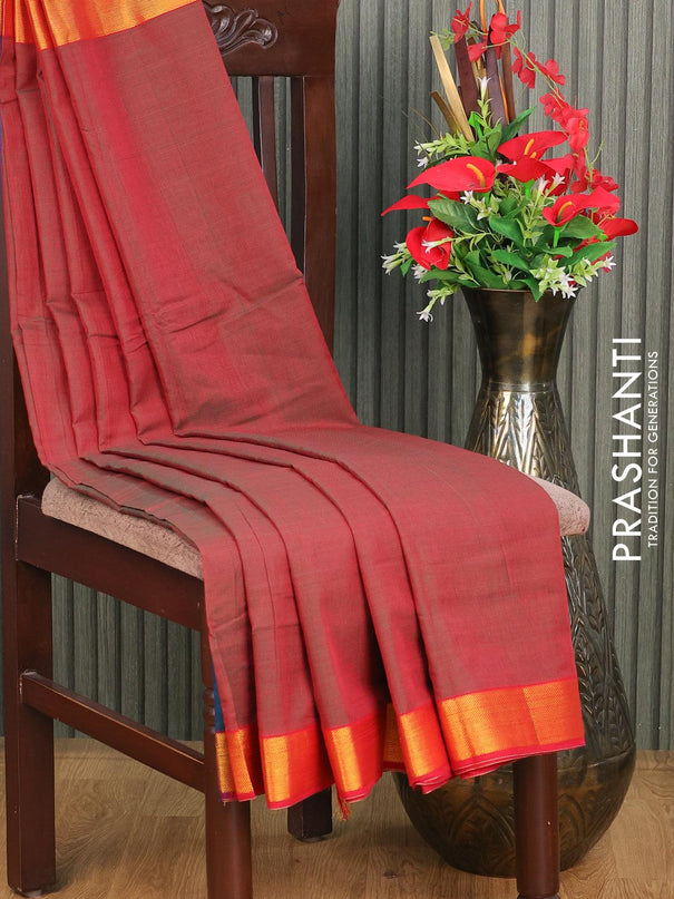 Narayanpet cotton saree dual shade of greenish maroon and red with plain body and zari woven border - {{ collection.title }} by Prashanti Sarees