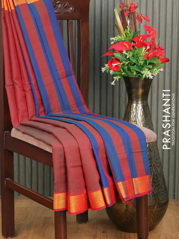 Narayanpet cotton saree dual shade of greenish maroon and red with plain body and zari woven border - {{ collection.title }} by Prashanti Sarees