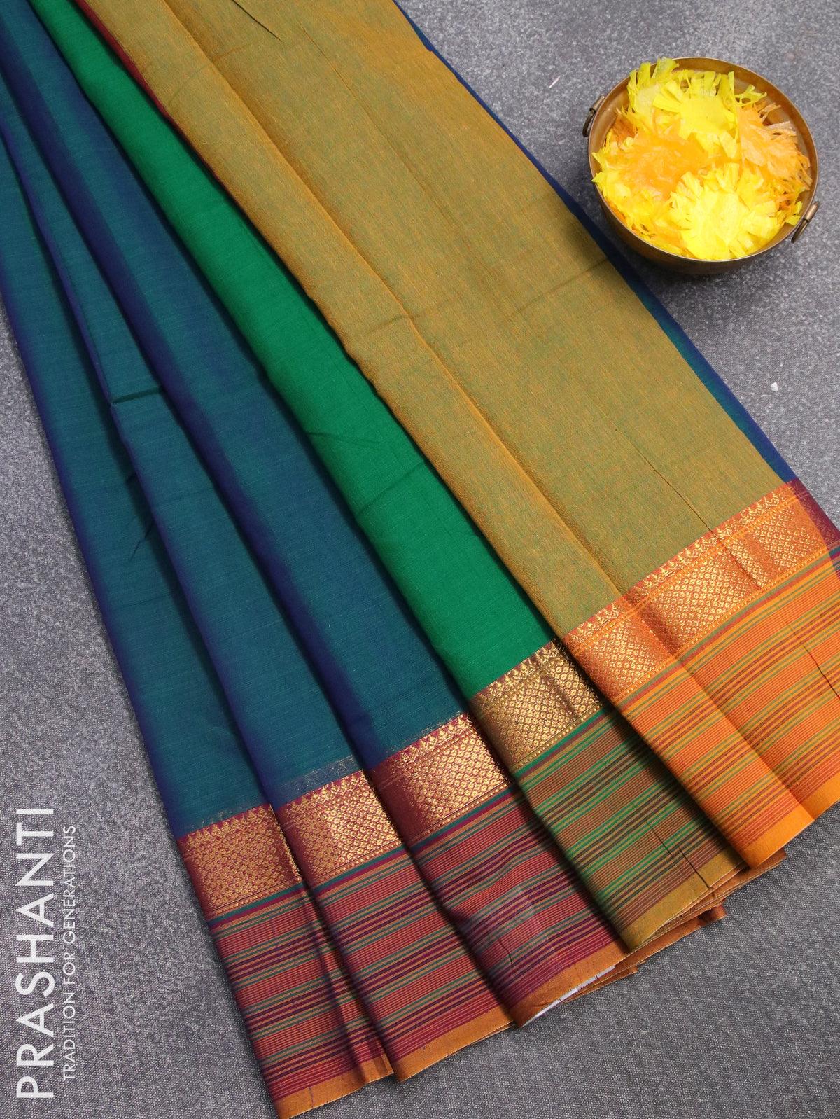 Cotton Saree : Blue cotton plain saree