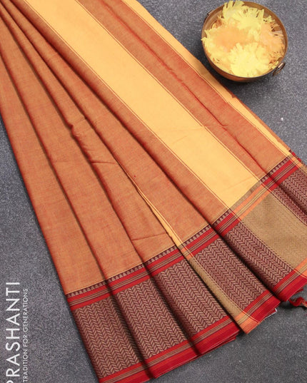 Narayanpet cotton saree dual shade of yellow and red with plain body and thread woven border - {{ collection.title }} by Prashanti Sarees