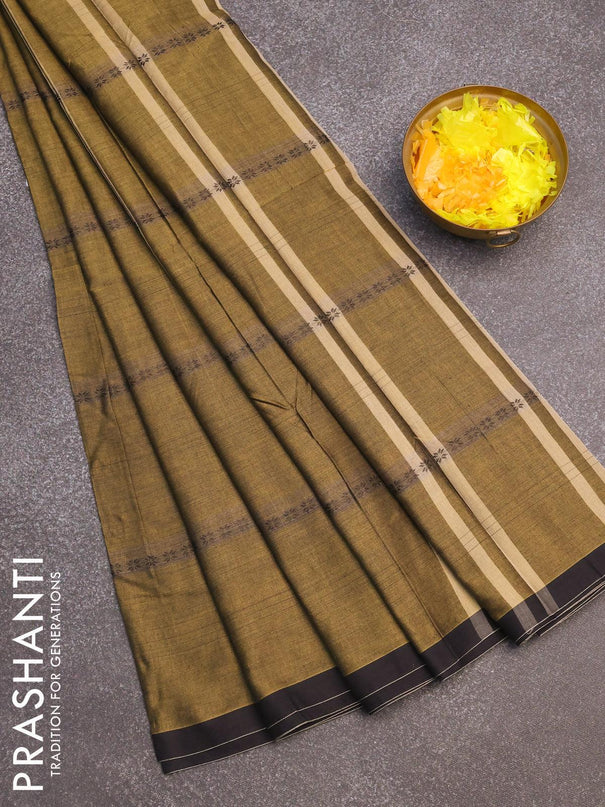 Narayanpet cotton saree elaichi green and black with allover thread weaves and piping border - {{ collection.title }} by Prashanti Sarees