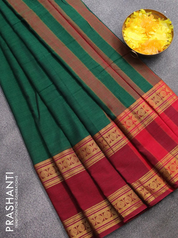 Narayanpet cotton saree green and maroon with plain body and rettapet zari woven border - {{ collection.title }} by Prashanti Sarees