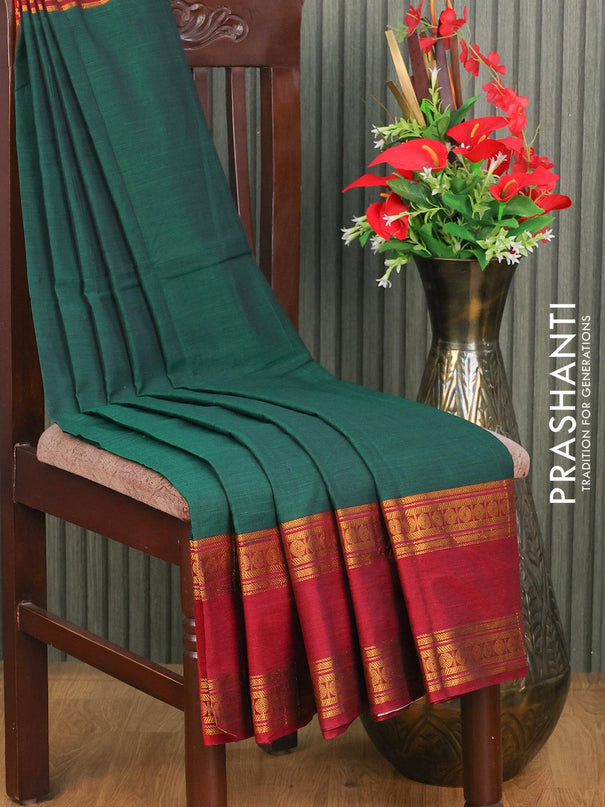 Narayanpet cotton saree green and maroon with plain body and rettapet zari woven border - {{ collection.title }} by Prashanti Sarees