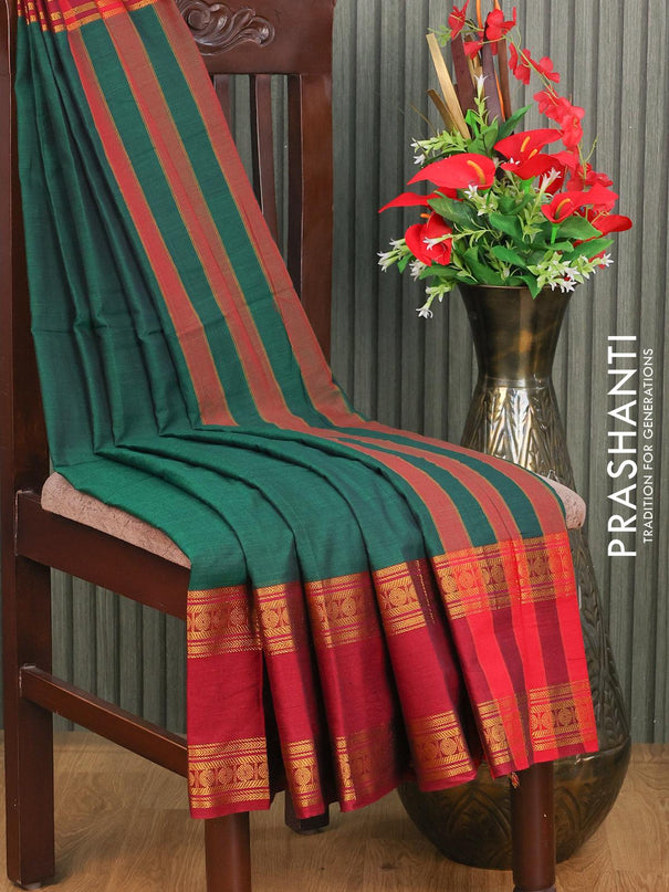 Narayanpet cotton saree green and maroon with plain body and rettapet zari woven border - {{ collection.title }} by Prashanti Sarees