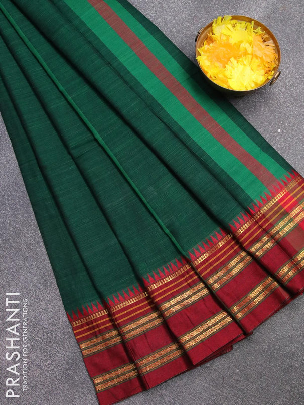 Narayanpet cotton saree green and maroon with plain body and temple design rettapet zari woven border - {{ collection.title }} by Prashanti Sarees