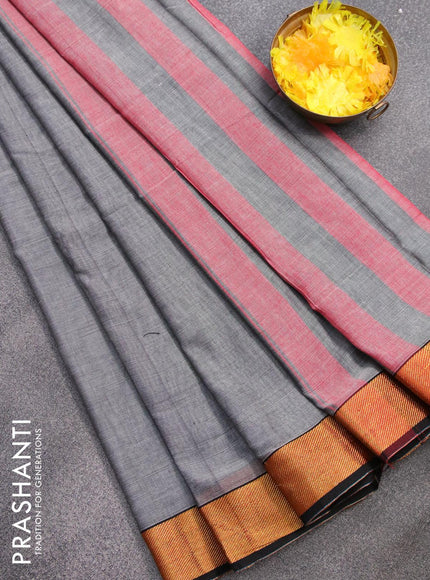 Narayanpet cotton saree grey and black with plain body and zari woven border - {{ collection.title }} by Prashanti Sarees